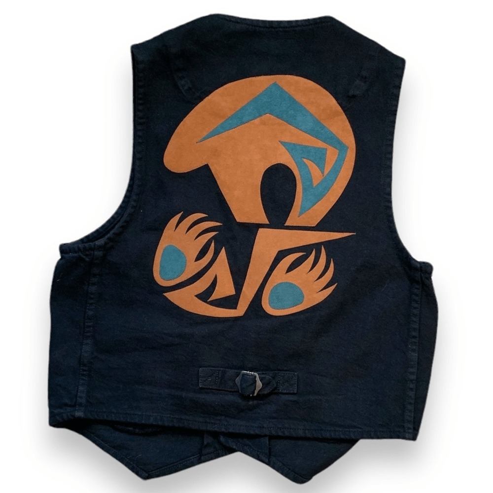 90s Black Denim Vest Sundance Bear Paw Boho Western Unisex Medium USA Made - Picture 2 of 12